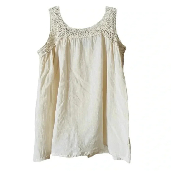 PINKY | Crochet Lace Yoke Boho Button Front Linen Tank Top Size XXL - Picture 2 of 5